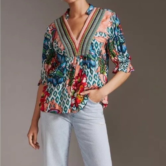 Blnk London Anthropologie STEPHANIE Blue Red Floral V Neck Top Embroiderd Sz S - Picture 14 of 16